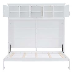 the bed frame is white and has two drawers on one side, and an open shelf above