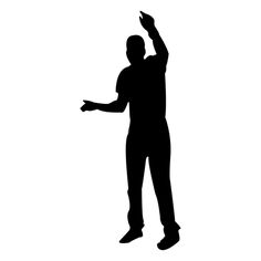 a man standing with his arms outstretched in the air while wearing black clothing and shoes