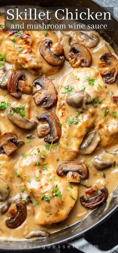 skillet chicken and mushroom wine sauce in a cast iron skillet with the title above it