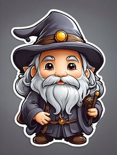 an old wizard sticker on a gray background with a black hat and long white beard