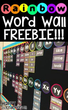 a bulletin board with words and pictures on it that read rainbow word wall freebie