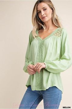 Kori Lace Yoke Blouse - Coral or Melon Spring V-neck Blouse With Lace Sleeves, Casual V-neck Lace Top With Lace Sleeves, Casual Lace Top With Lace Sleeves For Layering, Spring V-neck Blouse With Lace Collar, Spring V-neck Blouse With Lace Work, Spring Lace Patchwork Top For Layering, Casual Tops With Lace Long Sleeves, Casual Long Sleeve Tops With Lace Sleeves, Casual V-neck Blouse With Lace Sleeves