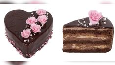 two heart shaped cakes next to each other with pink roses on top and chocolate frosting in the middle