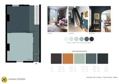 the floor plan for an apartment with blue walls and white trims, including stairs