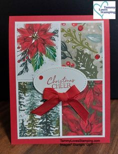 a christmas card with red ribbon and poinsettis