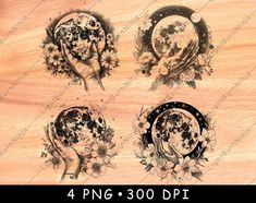 four images of hands with flowers and moon in the middle, on wooden background that says 4 png - 300 dpi