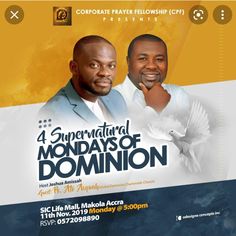 two men standing next to each other in front of a yellow and white background with the words 4 supernatural mondays of dominion