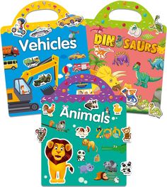 two children's book bags with animals and vehicles on the front, one in blue and