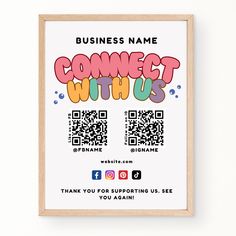 Colorful Social Media Sign Template with two QR code for review and Instagram or Facebook account, The font use is bold and fun perfect for business with cheerful and vibrant theme Codes For Instagram, Small Business Signs, Social Media Signs, Printable Business, Business Signage, Sign Stand, Shop Organization, Social Media Page Design, Print Frame