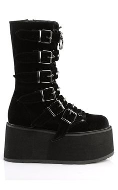 Dayum! These flatform boots are perfect for those who want some height with their stompy af boots without having to totter around on a heel. Vegan Black Velvet Straps EVERYWHERE O ring decal 3 1/2 inch platform Side zipper U.S womens sizing - refer to size chart for more info Flatform Boots, Black Velvet Boots, Punk Festival, Demonia Boots, Demonia Shoes, Velvet Boots, Goth Punk, Creepers, Alternative Fashion