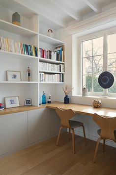 two chairs sit in front of a desk with bookshelves and shelves behind it