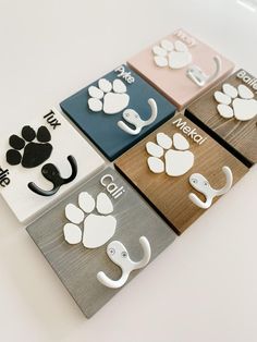 four magnets with different colors and designs on them, each featuring an animal's paw