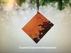 an ornament hanging from a christmas tree with the words custom character ornaments on it