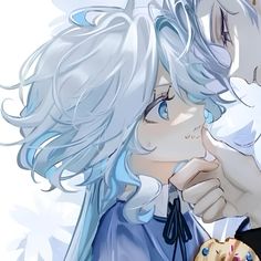 an anime character with white hair and blue eyes eating a donut