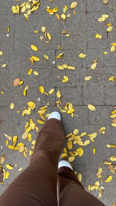 a person standing on a sidewalk with yellow leaves all over the ground and their feet