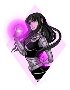 a drawing of a woman with long black hair and purple eyes, holding a ball in her hand