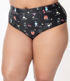 Collectif Plus Size Black & Cocktail Menu Print Swim Bottom – Unique Vintage Retro High-waisted Pool Bottoms, Retro High Waist Bottoms For Pool, Fun Fitted Black Swimwear, Retro Black Stretch Swimwear, Retro Black Swimwear For Beach Season, High Waist Black Printed Bottoms, High-waisted Printed Black Bottoms, Pin Up Poses, Menu Printing