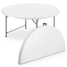 a white table with two curved tables on each side