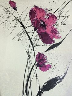 an abstract painting with pink flowers and black ink splats on white paper,