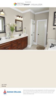 a bathroom with gray walls and white trim