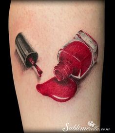 a tattoo with a red liquid coming out of it and a bottle on the side