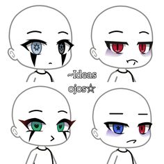 four different anime eyes with red and blue colors on them, one in the middle has green