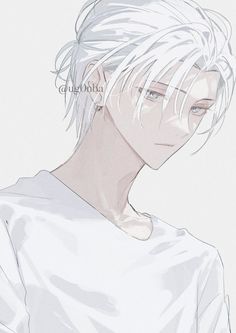 an anime character with white hair wearing a white t - shirt and looking at the camera