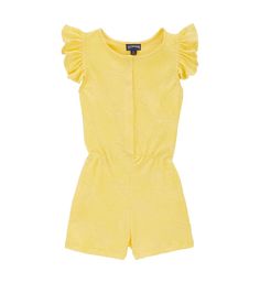 Introducing the perfect ensemble for sunny adventures: the Kids' Terry Playsuit Beach Romper from Vilebrequin. Crafted with soft and absorbent terry cloth, this romper is designed to keep your little one comfortable and stylish all day long. Whether building sandcastles, splashing in the waves, or simply lounging in the sun, this playful romper is the ideal choice for beachside fun. With its cheerful colors and effortless style, it's sure to become a favorite for all your summer outings. Let you Summer Bubble Romper For Loungewear, Fitted Bubble Romper For Summer Loungewear, Solid Color Jumpsuits And Rompers For Summer Playwear, Casual Fitted Bubble Romper For The Beach, Casual Fitted Bubble Romper For Beach, Casual Yellow Bubble Romper For Summer, Fitted Casual Bubble Romper For Beach, Fitted Jumpsuits And Rompers For Summer Playwear, Playful Yellow Jumpsuits And Rompers For Summer