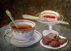 a painting of a cup of tea and some pastries on a saucer with a spoon