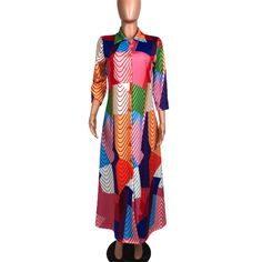 Wave Print Long Sleeve Loose Maxi Shirt Dresses Multicolor Printed Collared Shirt Dress, Multicolor Printed Button-up Dress, Casual Multicolor Long Sleeve Maxi Dress, Multicolor Printed Maxi Dress With Long Sleeves, Casual Long Sleeve Multicolor Maxi Dress, Collared Fall Vacation Dress, Long Sleeve Patchwork Maxi Dress For Vacation, Multicolor Patchwork Maxi Dress For Fall, Fall Vacation Dresses With Collar