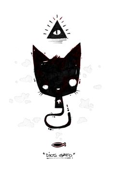 a drawing of a cat with an all seeing eye on it's face and the words dis gato written below