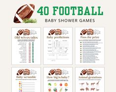 four baby shower games with the words, 40 football baby shower games and an image of a