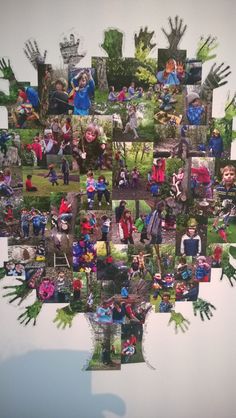 a collage of people and trees is shown in this image, with hands reaching out to touch the ground