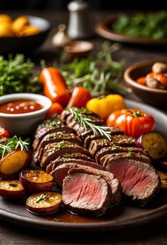 a plate full of sliced meat and vegetables on a wooden table with dipping sauces