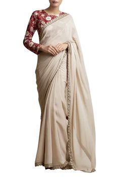 Shop for Sue Mue Clay White Saree With Embroidered Blouse for Women Online at Aza Fashions Long Sleeve Saree Blouse, Sari Gown, White Sari, Saree Drapes, Wardrobe Goals, White Saree, Manish Malhotra, Indian Clothes, Blouse For Women