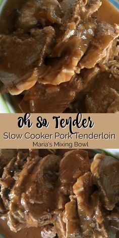 slow cooker pot - tender pork with gravy on top and in the middle