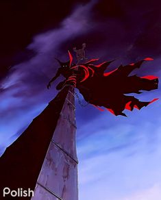 an animated image of a man on top of a tower with a bat flying above him