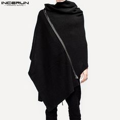 INCERUN Men Cloak Coats Solid Color Turtleneck Zipper Streetwear 2024 Irregular Ponchos Fashion Casual Men Long Trench S-5XL Aesthetic Reference, Poncho Men, Futuristic Fashion, Fashion Victim, Style Noir, Loose Outfit, Fashion Black, Space Age, Dark Fashion