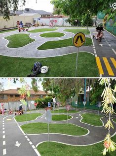 two pictures of the same street with different markings on it and people riding bikes in the background