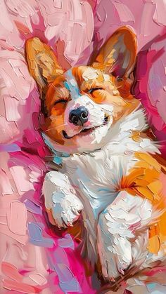 a painting of a corgi laying down