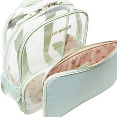 The Steve Madden® Clear Backpack w/ Tech Pouch offers extra space to store your essentials with the tech pouch that comes along with it. This backpack is perfect for your weekend travels..Made from PVC..Zippered closure..Top handle on the bag for easy carrying..Adjustable shoulder straps with padded support..One side pouch to store water bottles..Exterior features one zippered compartment..PVC lining..Interior features a removable padded tech pouch for easy accessibility..Flat base for an upright position..Imported. Back To School Nylon Bag With Removable Pouch, Functional Bag With Removable Pouch For Back To School, Modern Nylon Bag For Students, Modern Travel Pouch Backpack, Modern Travel Backpack Pouch, Multifunctional School Backpack With Removable Pouch, On-the-go Pouch Backpack With Zipper Closure, Trendy Pouch Backpack For Travel, Green Travel Backpack With Removable Pouch