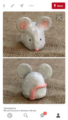 two pictures of a ceramic mouse with pink ears