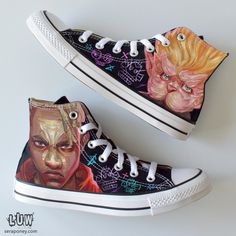 Handmade by Artist  These custom-designed shoes are hand-painted, inspired by two iconic champions from Arcane, the animation of a popular game. The dynamic artwork and vibrant colors showcase the unique energy of these characters. Shoes are specially Hand Painted on Converse Hi-Top, Available for Customization Please inform your customization requests before placing your order. Made to Order 5-15 days required for regular production depending on the item and workload, please contact if your ord Painted High Tops, Design Converse, Hi Top Converse, Shoes Painting, Dynamic Artwork, Converse Hi, Lol Champions, Painting Shoes, Art Shoes