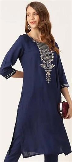 Blue color Kurti in Rayon fabric with Embroidered, Gota Patti work Blue Embroidered Cotton Fabric For Wedding, Blue Cotton Embroidered Fabric For Wedding, Festive Blue Embroidered Cotton Fabric, Blue Cotton Fabric With Floral Embroidery, Kurti Designs, Blue Color, Long Sleeve, Blue, Fabric