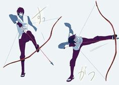 two different poses of an anime character holding a bow and arrow, with the other drawing behind them