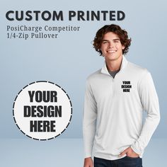 a man wearing a white polo shirt with the text your design here on it and an image of his hands in his pockets