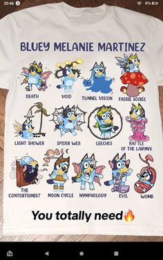 a t - shirt with cartoon characters on it that says blue melanie martinz