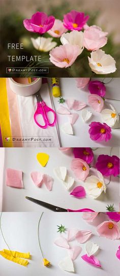 paper flowers are being cut and placed on the table