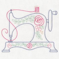 a sewing machine with flowers on it is embroidered onto the side of a piece of white fabric