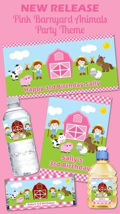 two water bottles with farm animals on them, and the words happy birthday are in front of